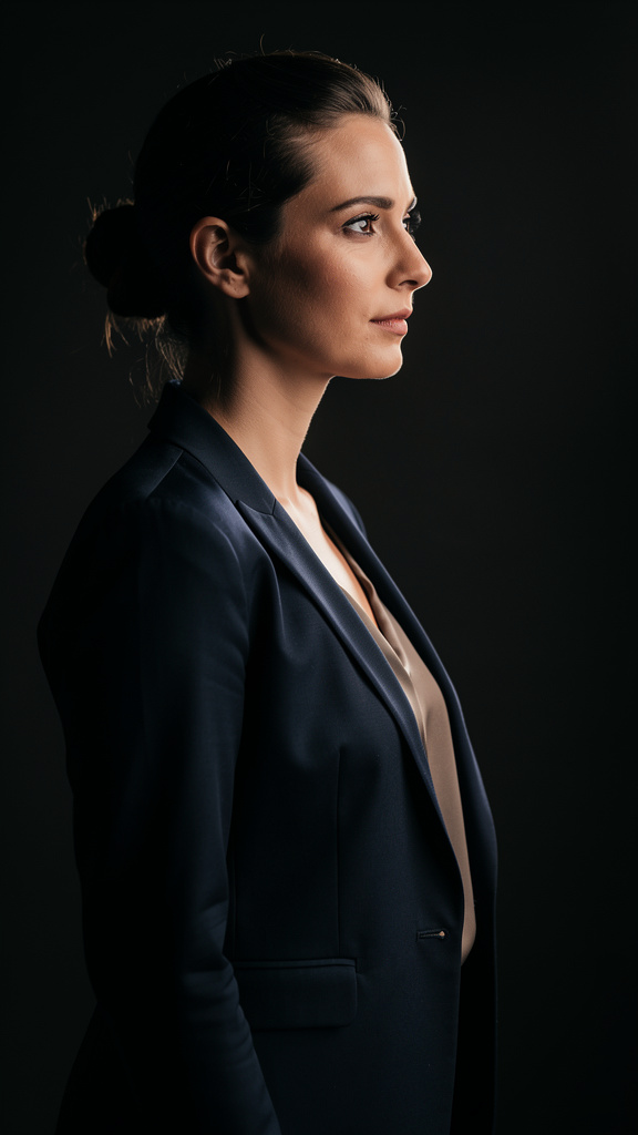 A focused woman in a navy blazer in a dark studio