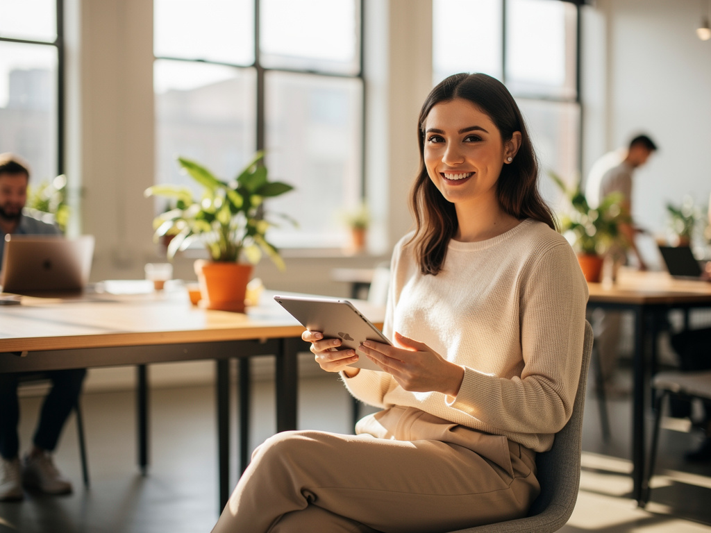 A woman with a tablet smiling in a bright coworking space