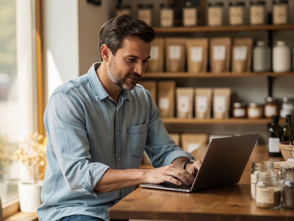 A man in a denim shirt working on a laptop in a small shop