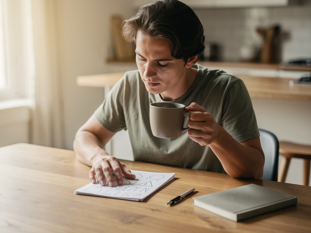 A person reviewing notes with a coffee cup at a kitchen table